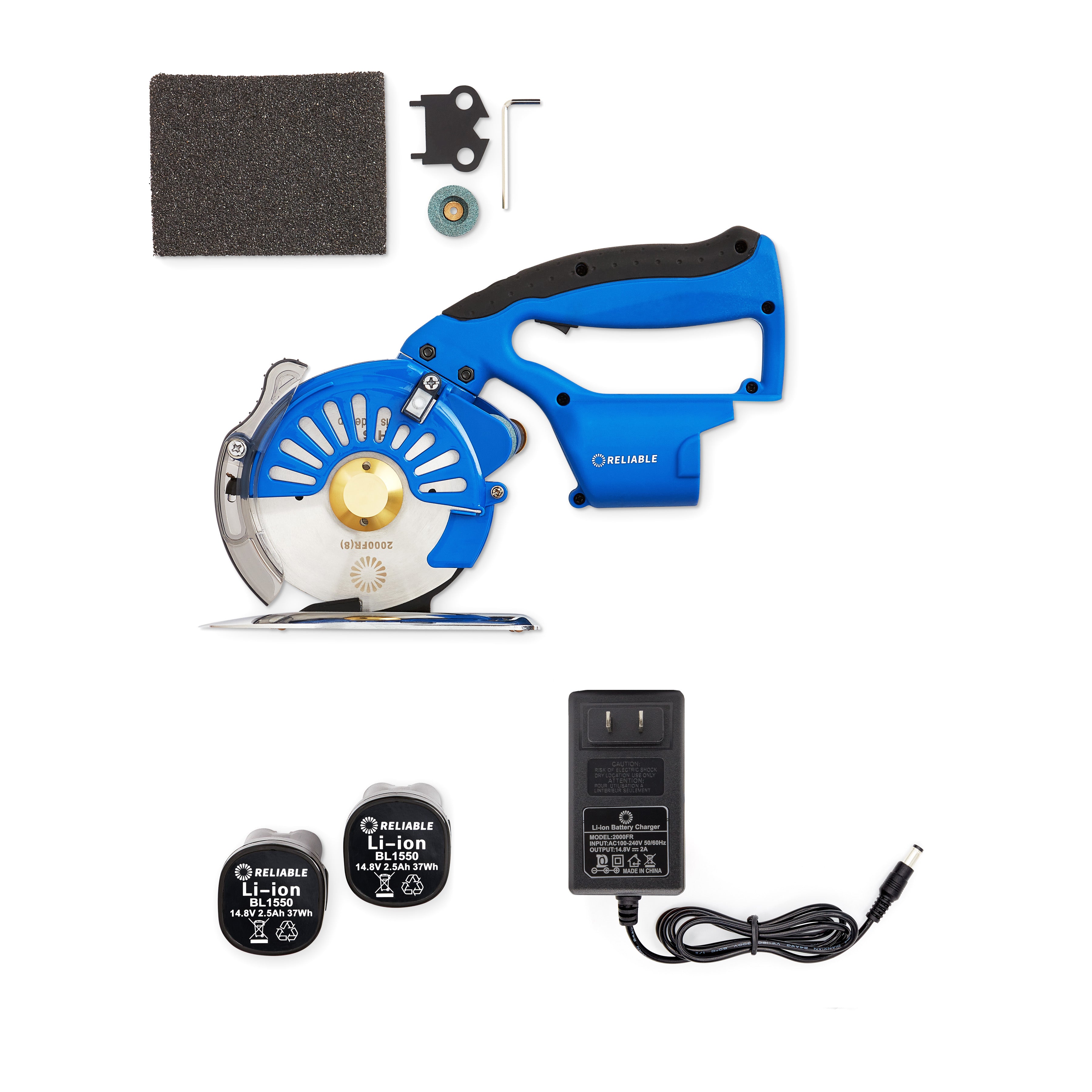 In the box of Cloth Cutting Machine: Sandpaper, Wrench, Allen Key Grinding Wheel, Li-ion batteries, Battery Charger