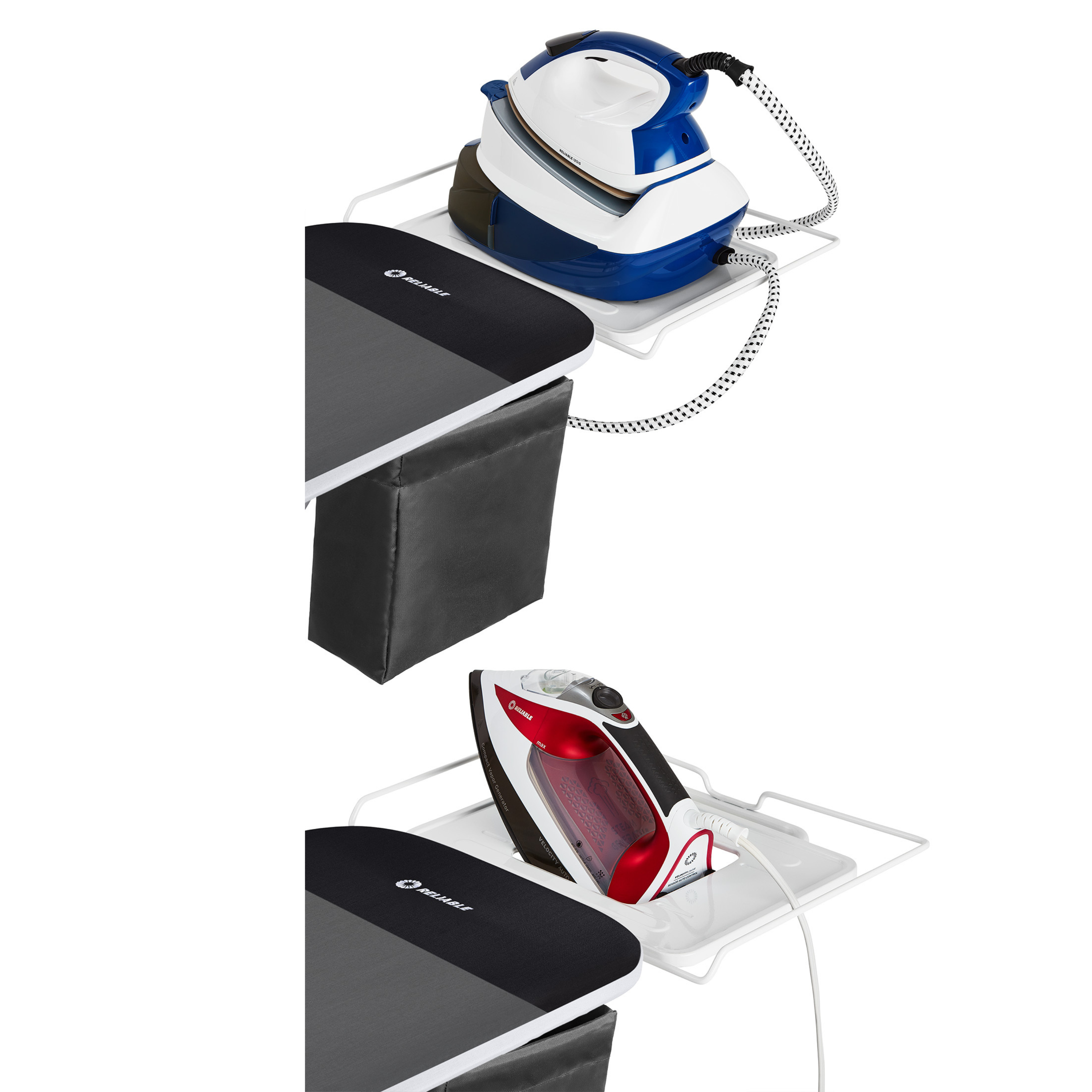 Long ironing board with iron rest that fits different irons