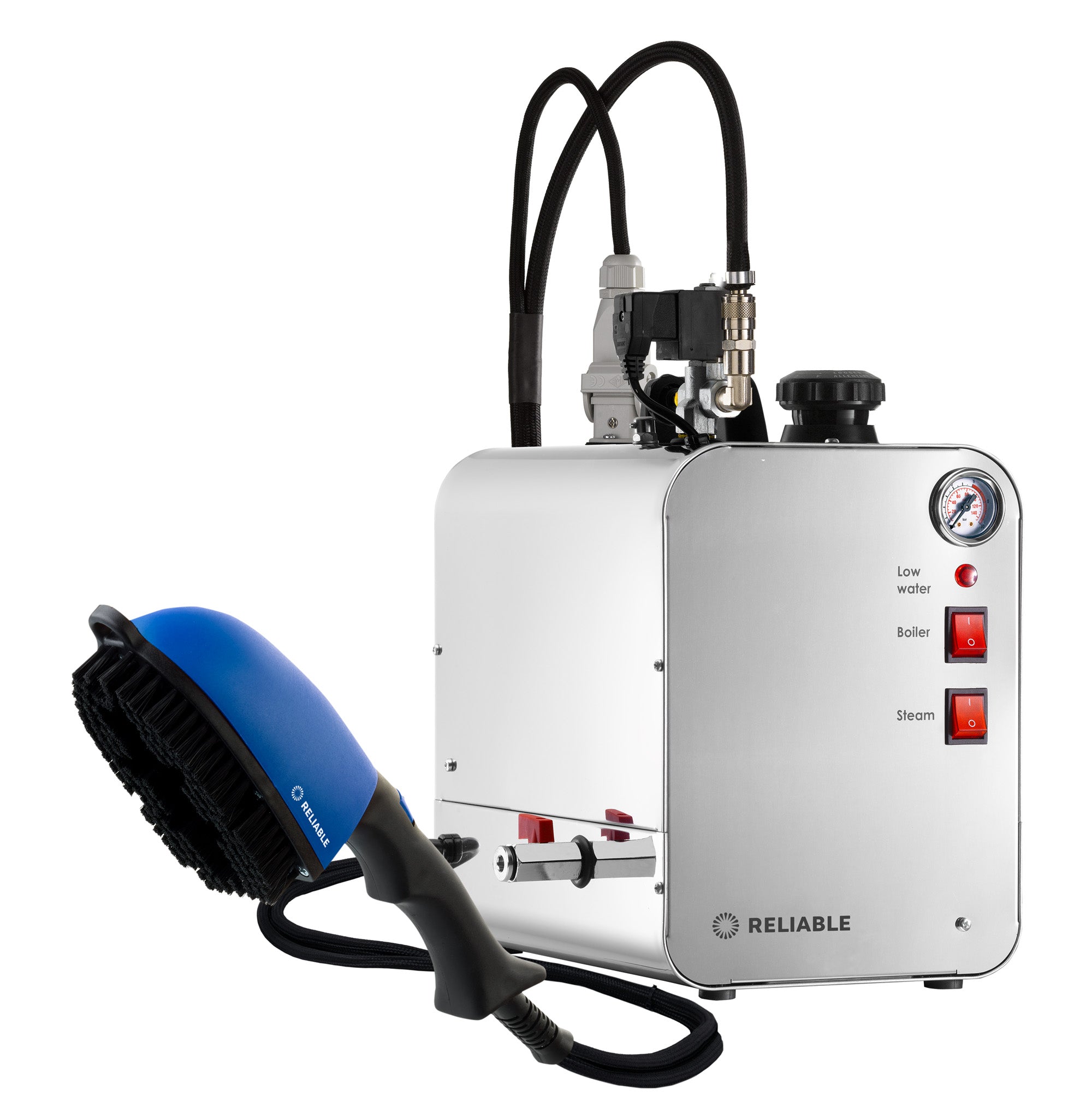 Professional steam boiler with steam brush, blue, stainless steel boiler and tank
