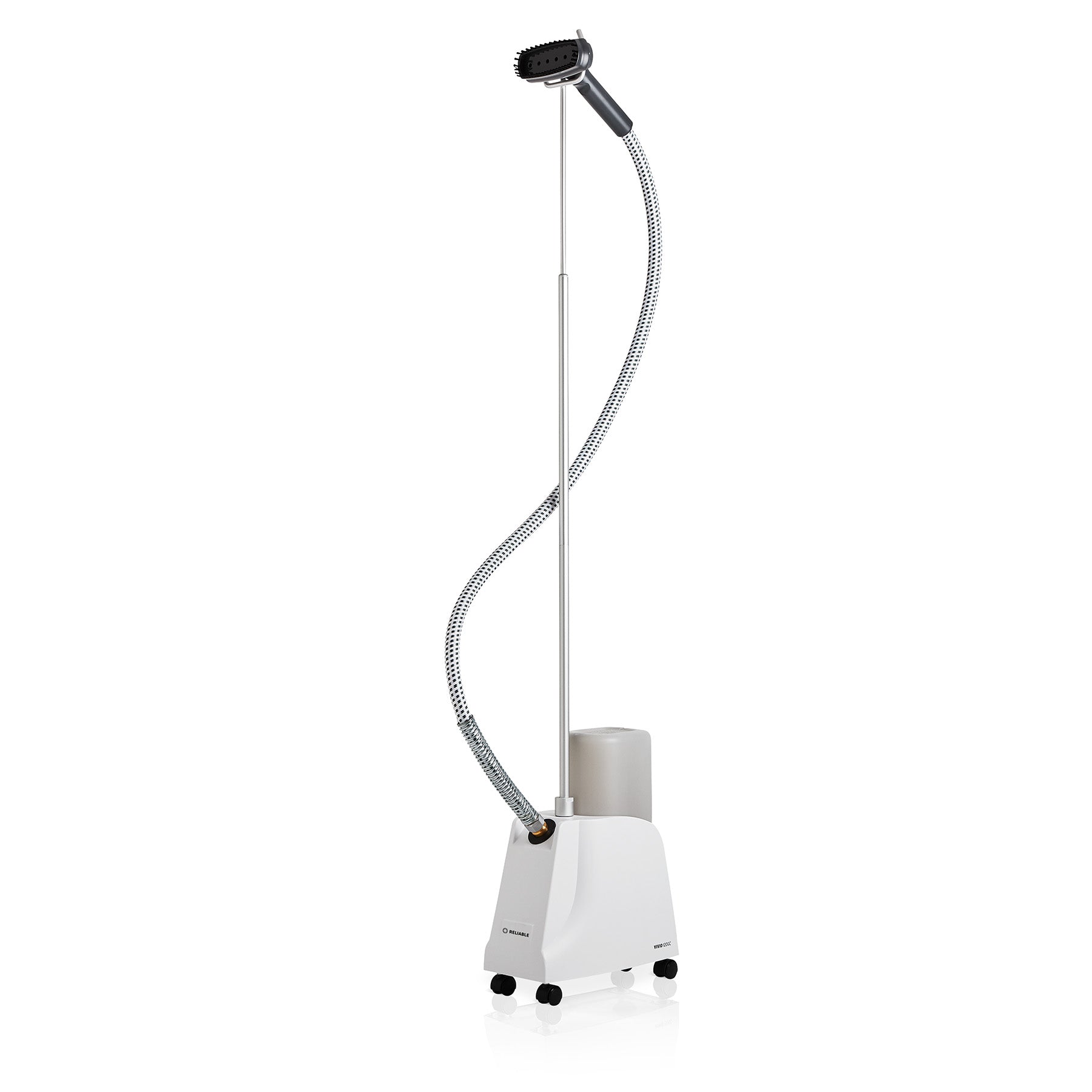 A white garment steamer with fabric brush