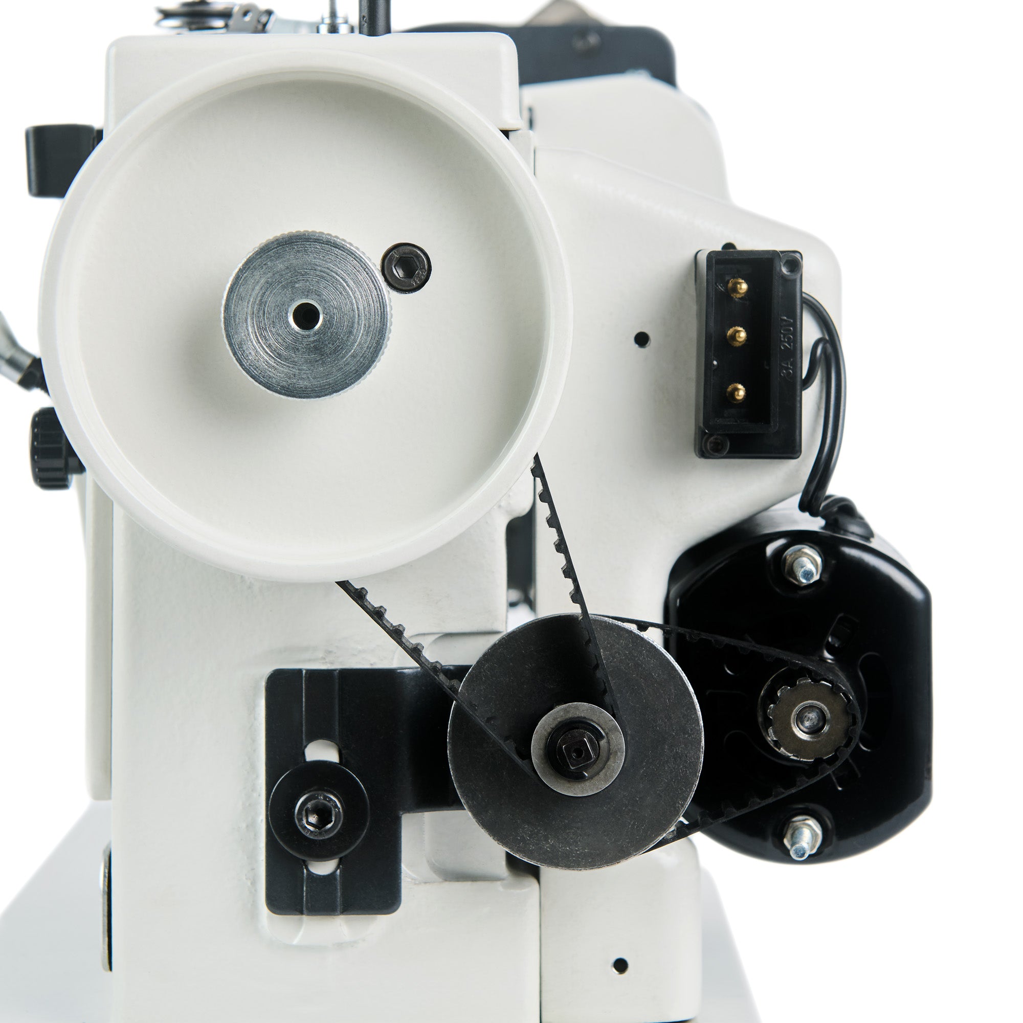 Close-up of a sewing machine mechanism on a white background