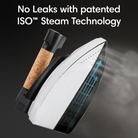 A professional steam iron produces steam without leaks