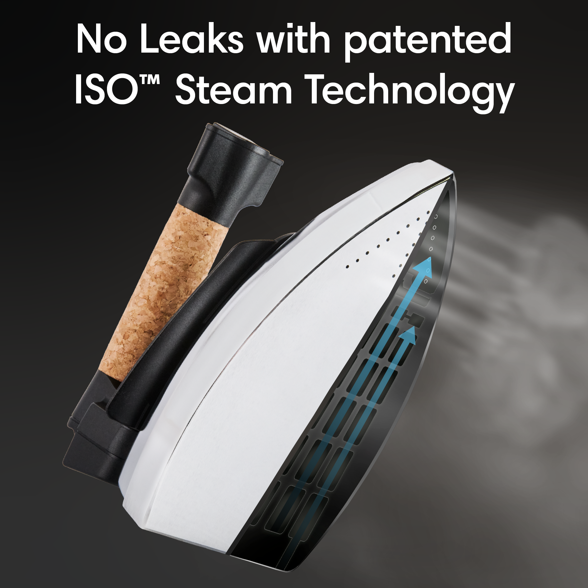 A professional steam iron produces steam without leaks