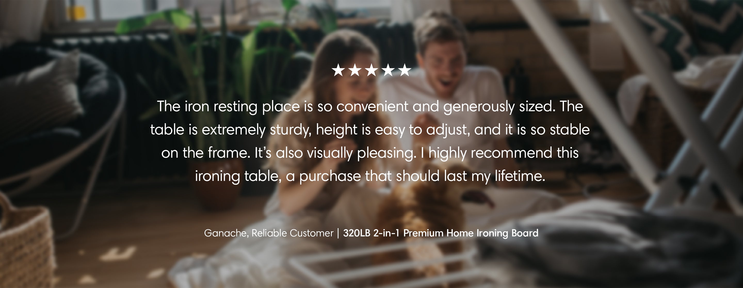 The iron resting place is so convenient and generously sized. The table is extremely sturdy, height is easy to adjust, and it is so stable on the frame. It's also visually appealing. I highly recommend this ironing table, a purchase that should last my lifetime. Review from Ganache, Reliable Customer for the 320LB 2-in-1 Premium Home Ironing Board.