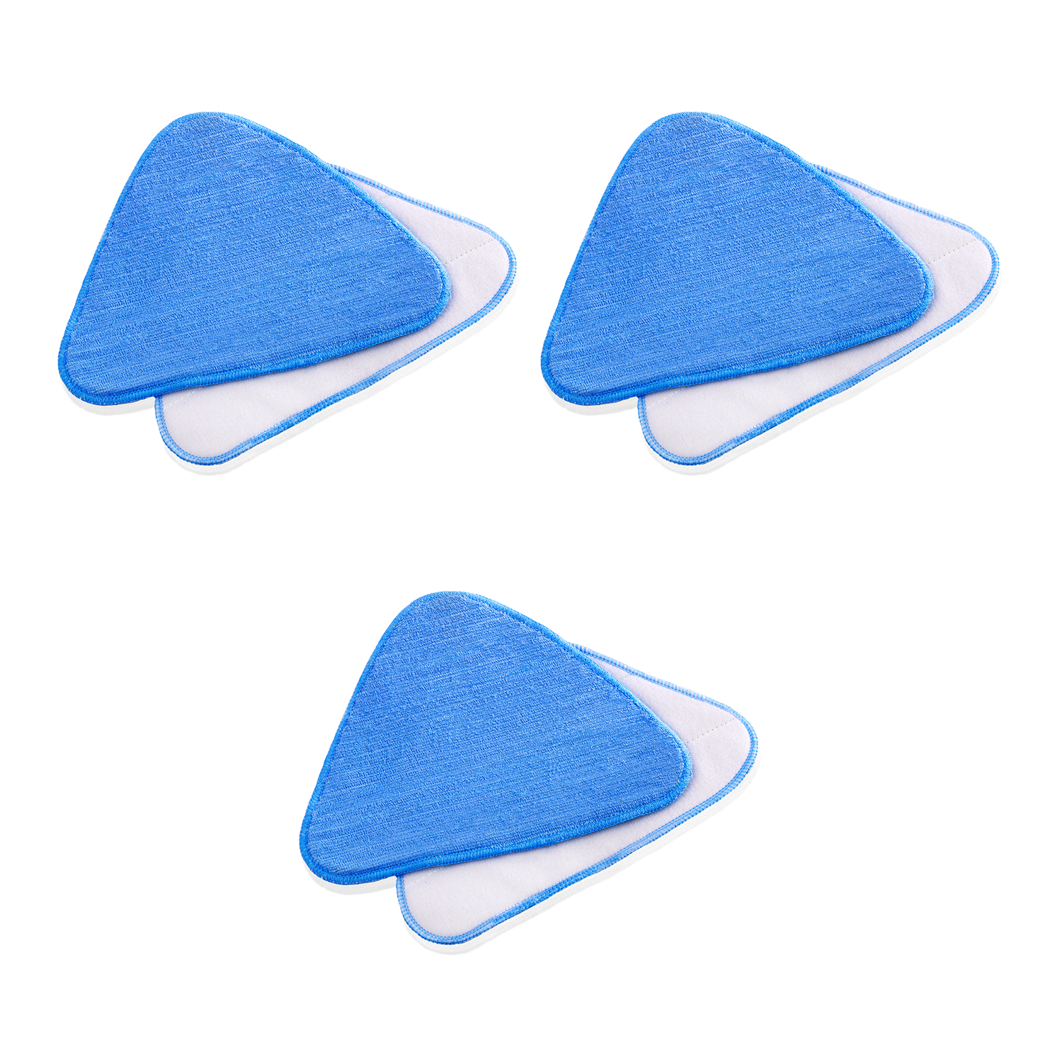 Three triangular blue cleaning pads on a white background