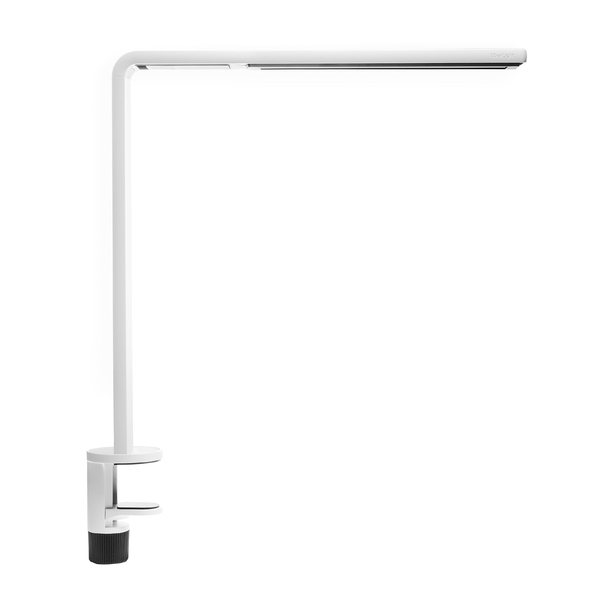 A white UberLight Frame 7100TL Desk Audio Light on a clamp mount
