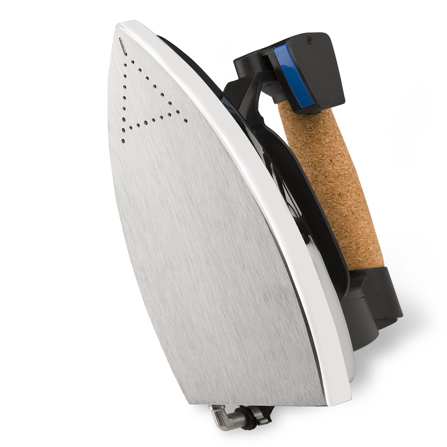 A close-up of the Reliable Professional Steam Iron with 7.5 long steam hose (220V), showcasing its aluminum soleplate, cork handle, and sleek black and blue controls.